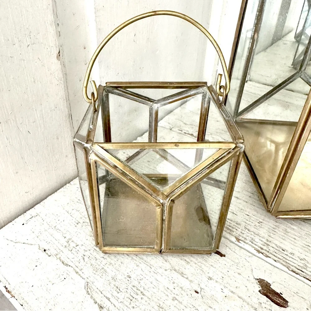 Brass & Glass Terrarium Candleholder Pair Lanterns Geometric Bohemian Decor